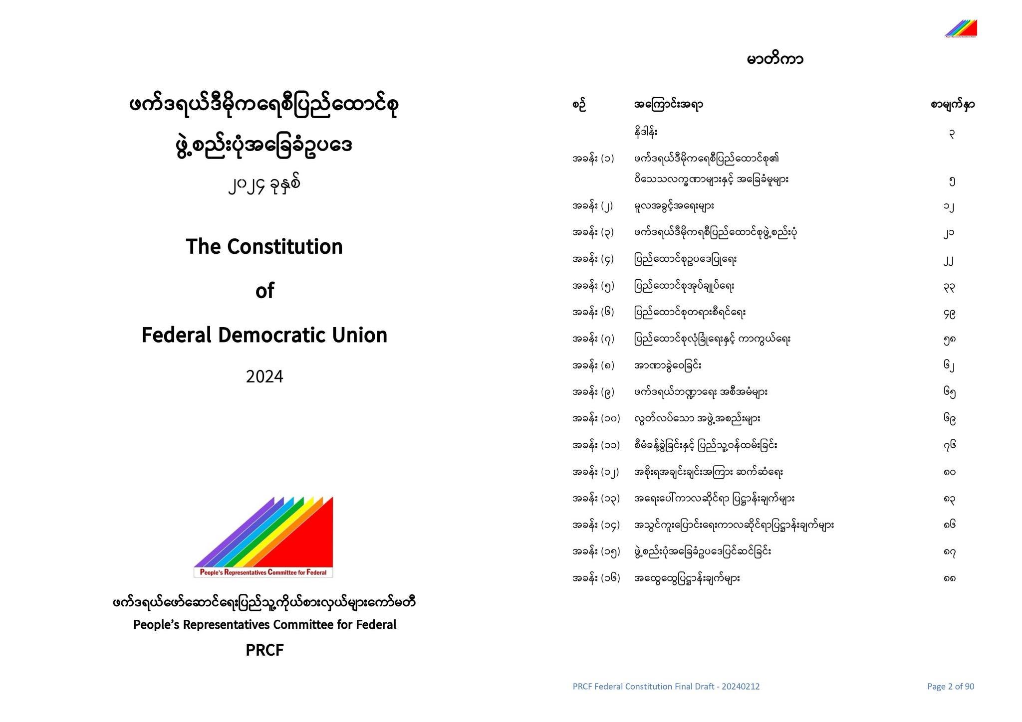 PRCF ဖက်ဒရယ်ဒီမိုကရေစီပြည်ထောင်စုဖွဲ့စည်းပုံအခြေခံဥပဒေ (နောက်ဆုံးမူကြမ်း) ထုတ်ပြန်ကြေညာခြင်း ၁